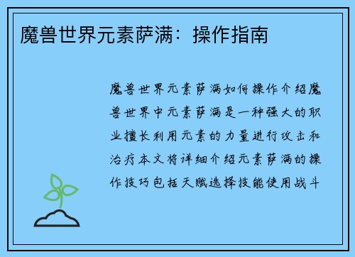 魔兽世界元素萨满：操作指南
